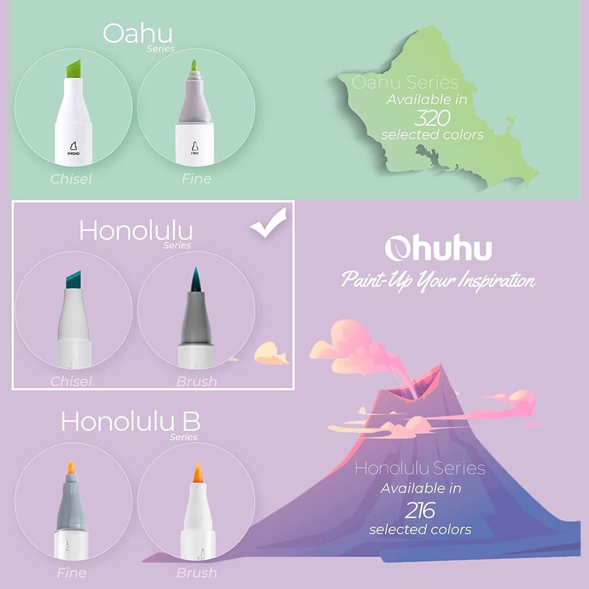 OHUHU Honolulu Alcohol Art Markers Σετ Μαρκαδόρων 24 Βασικών Χρωμάτων Brush & Chisel